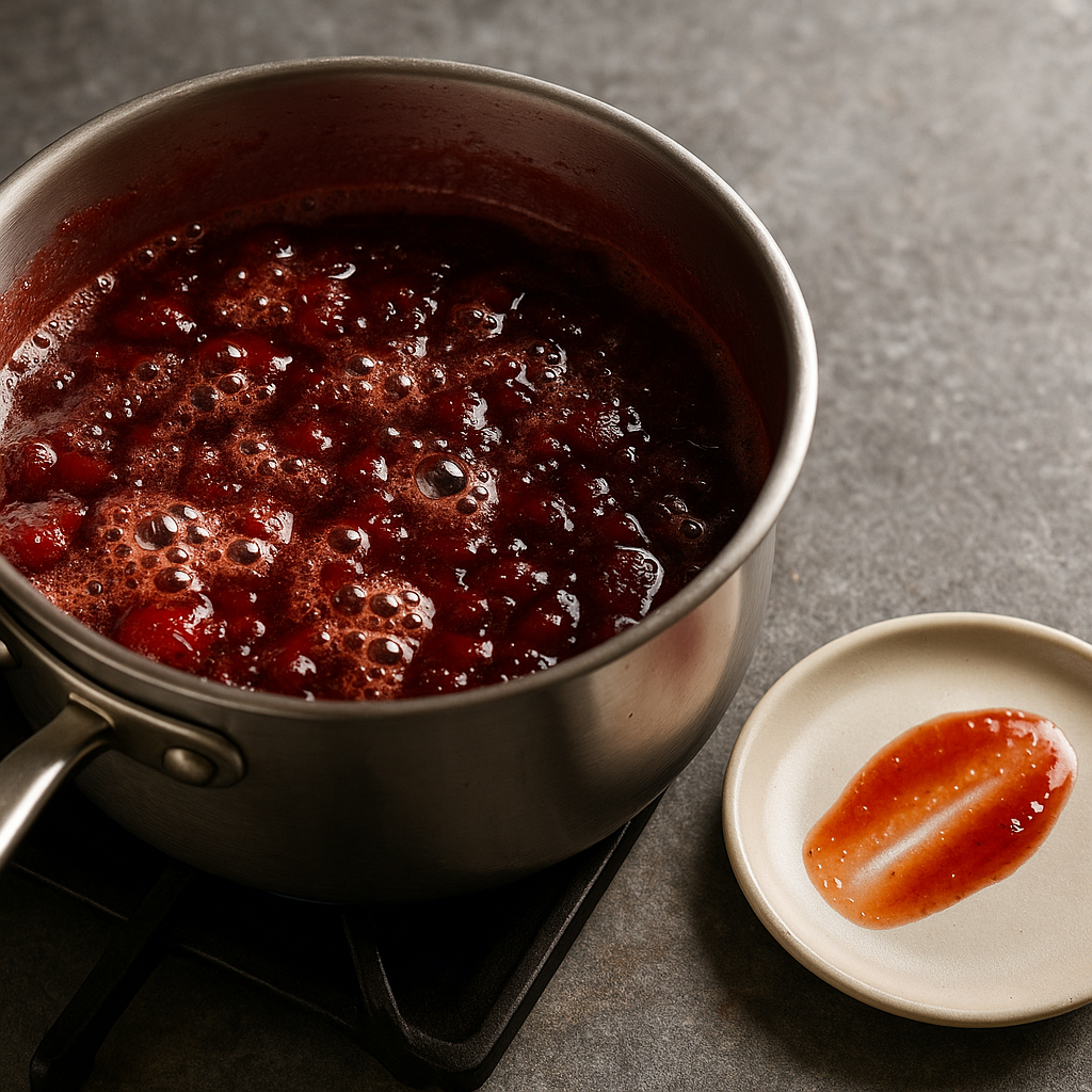 Saucepan of bubbling fruit jam with a plate cold-test smear